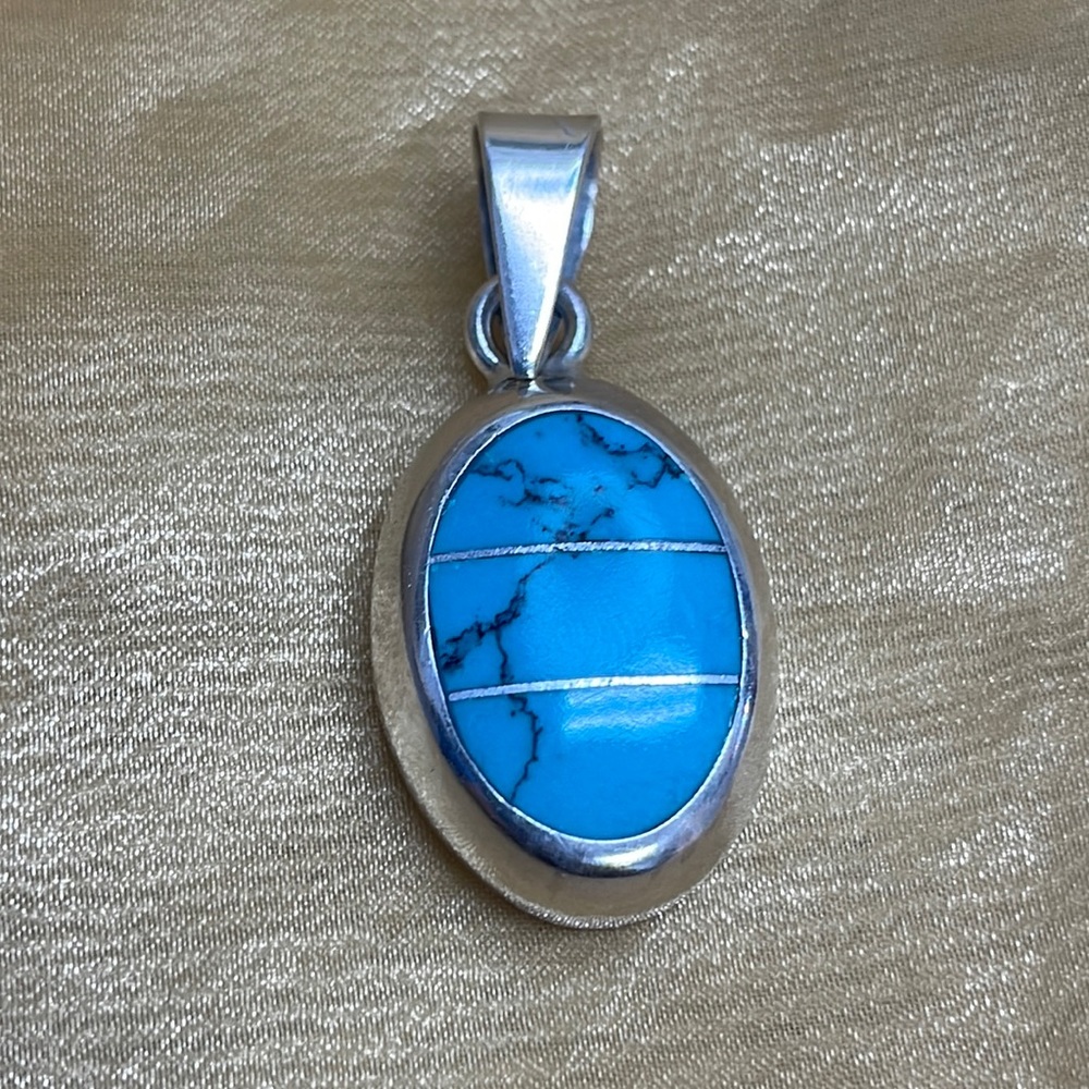 STERLING SILVER 925 BLUE TURQUOISE LARGE WOMAN PENDANT